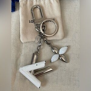 LOUIS VUITTON White Resin Silvertone LV Twist Key Holder/ Bag Charm⭐️W/Dust bag